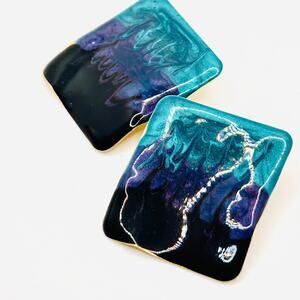 Vintage 80s Handmade Teal Navy Blue Marbleized Enamel Stud Earrings